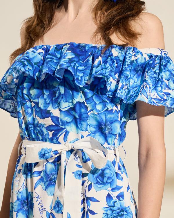 Gianfranco Ferre Off-Shoulder Floral Maxi Dress Blue