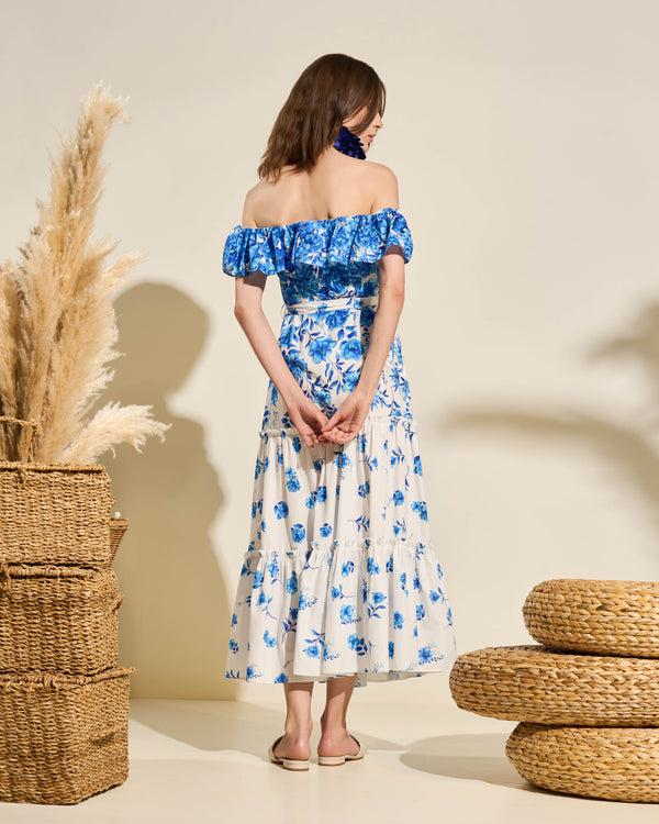 Gianfranco Ferre Off-Shoulder Floral Maxi Dress Blue