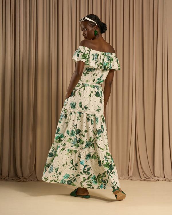 Gianfranco Ferre Off Shoulder Tiered Maxi Dress Green