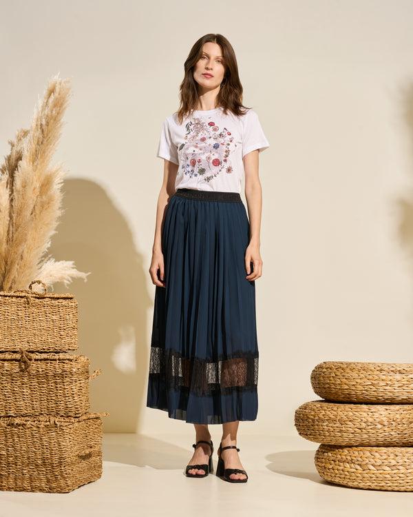 Gianfranco Ferre Pleated Midi Skirt With Lace Trim Navy