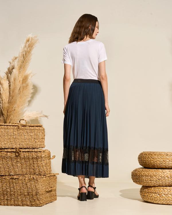 Gianfranco Ferre Pleated Midi Skirt With Lace Trim Navy
