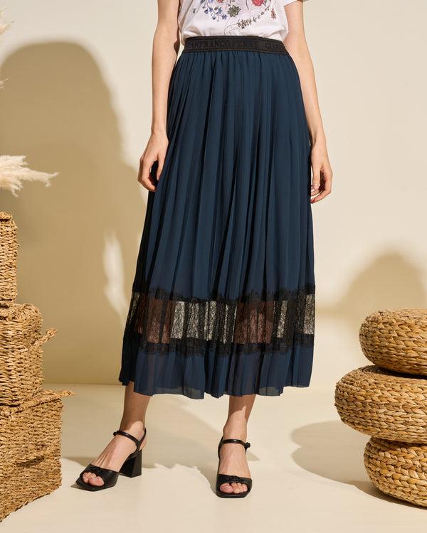 gianfranco ferre Pleated Midi Skirt with Lace Trim Navy
