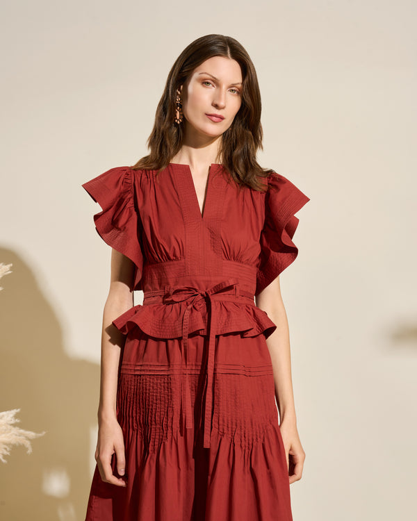 Gianfranco Ferre Ruffled Cotton Midi Dress Burgundy
