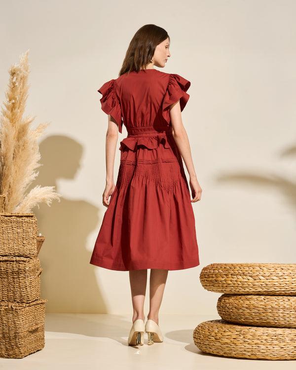 Gianfranco Ferre Ruffled Cotton Midi Dress Burgundy