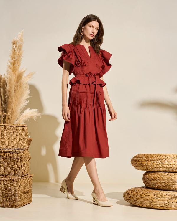 gianfranco ferre Ruffled Cotton Midi Dress Burgundy