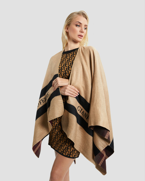 Gianfranco Ferre Solid Tone Brand Detailed Poncho Camel