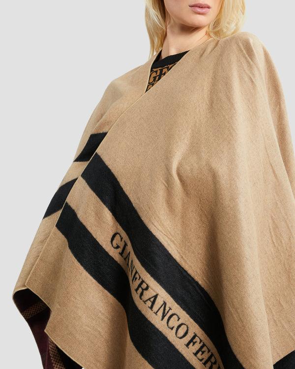 Gianfranco Ferre Solid Tone Brand Detailed Poncho Camel