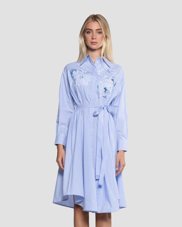 Gianfranco Ferre Striped Floral Applique Shirt Midi Dress Blue