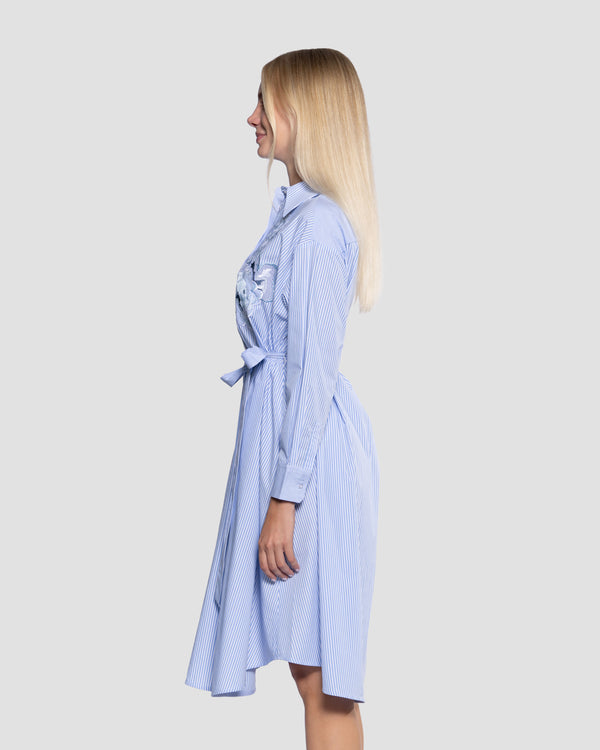 Gianfranco Ferre Striped Floral Applique Shirt Midi Dress Blue