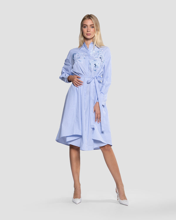 gianfranco ferre Striped Floral Applique Shirt Midi Dress Blue