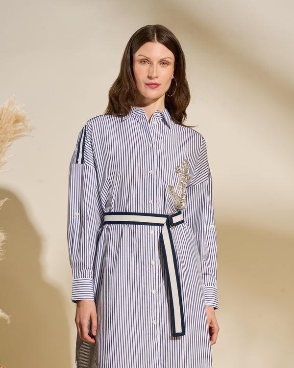 Gianfranco Ferre Striped Shirt Dress With Embroidered Crest Navy