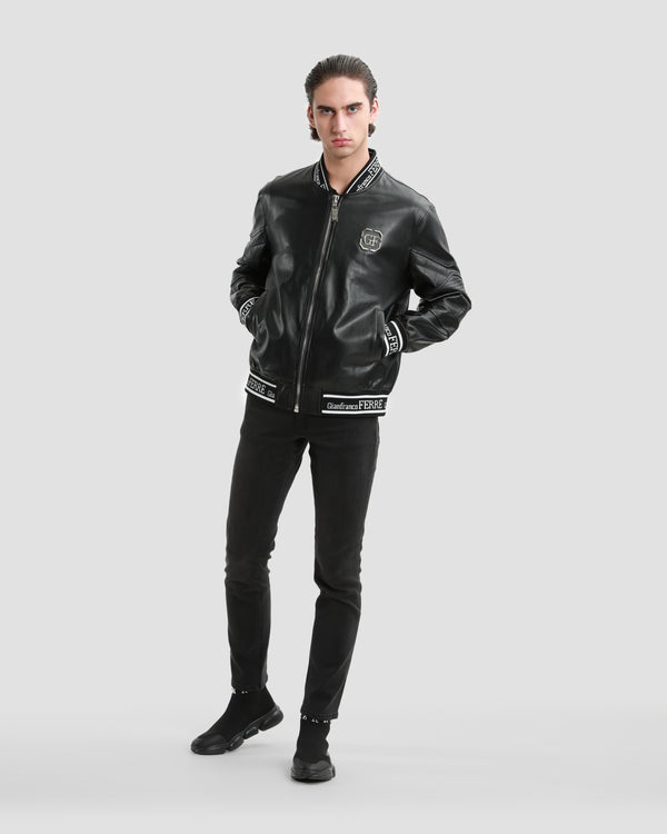 Gianfranco Ferre Tapered Leather Bomber Jacket Black