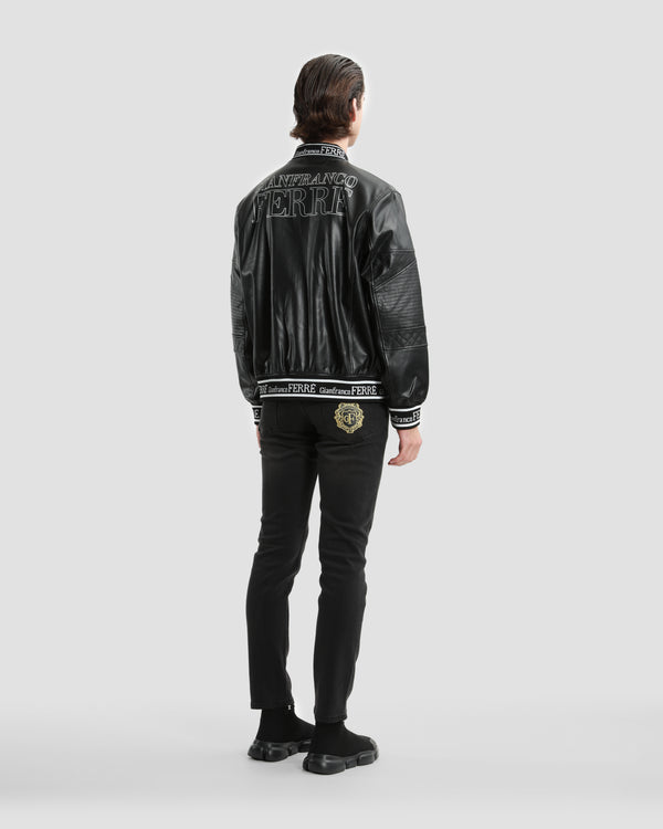 Gianfranco Ferre Tapered Leather Bomber Jacket Black