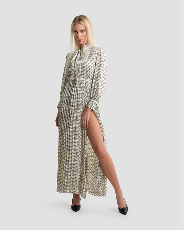 Gianfranco Ferre Tie-Neck Printed Pleated Dress Beige