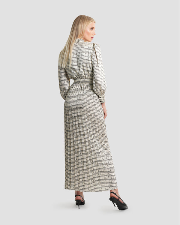 Gianfranco Ferre Tie-Neck Printed Pleated Dress Beige