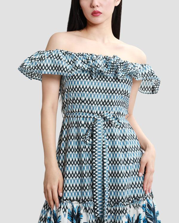 Gianfranco Ferre Tropical Print Ruffled Tiered Midi Dress Blue