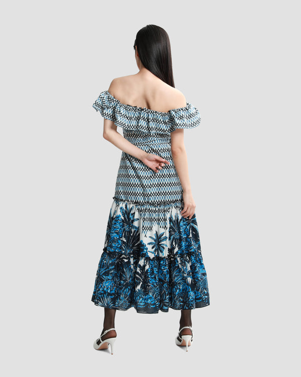 Gianfranco Ferre Tropical Print Ruffled Tiered Midi Dress Blue