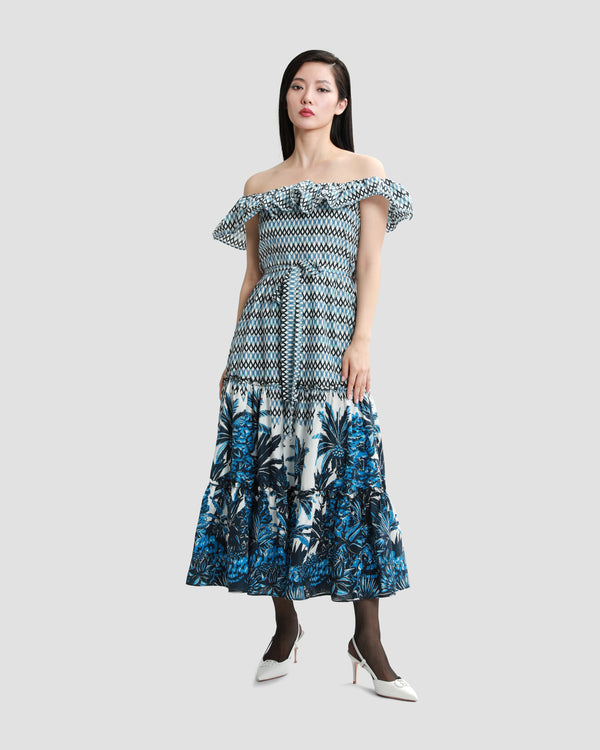 gianfranco ferre Tropical Print Ruffled Tiered Midi Dress Blue