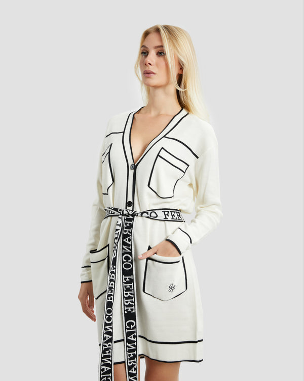 Gianfranco Ferre Two-tone Belted Longline Cardigan Off White