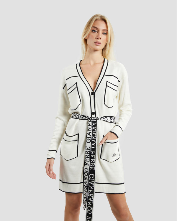 gianfranco ferre Two-tone Belted Longline Cardigan Off White