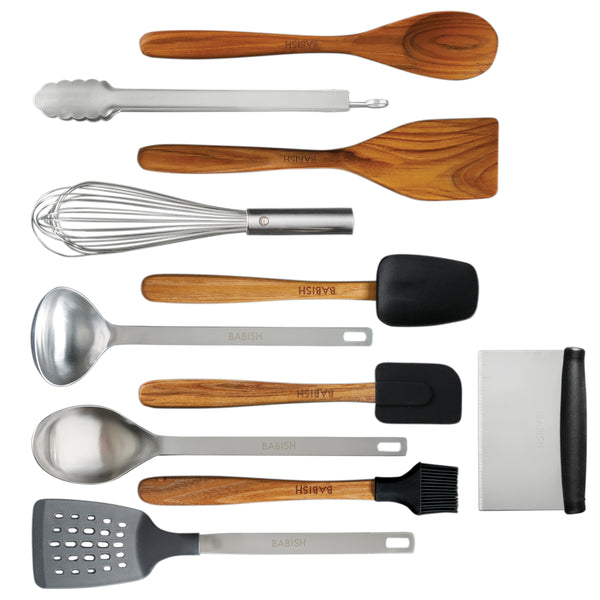 gibson home Babish 11 Piece Essential Wood Silicone and Stainless Steel Tool Set