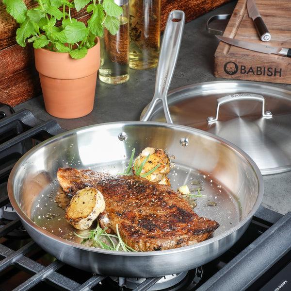 Gibson Home Babish 12 Inch Stainless Steel Triply Professional Grade Fry Pan W/ Stainless Lid