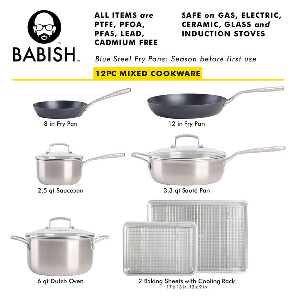 Gibson Home Babish 12-Piece Mixed Material (Stainless Steel Carbon Steel & Aluminum) Professional Grade Cookware Set W/ Baking Sheets