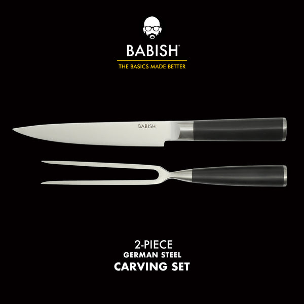Gibson Home Babish 2-Piece Carving Knife And Fork Set – 8-Inch Stainless Steel Carving Knife With 6.5-Inch Fork – Precision Cutlery For Turkey Roast And Meat Carving – Ergonomic ABS Handles