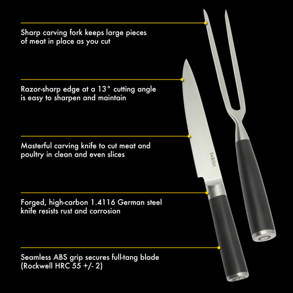 Gibson Home Babish 2-Piece Carving Knife And Fork Set – 8-Inch Stainless Steel Carving Knife With 6.5-Inch Fork – Precision Cutlery For Turkey Roast And Meat Carving – Ergonomic ABS Handles