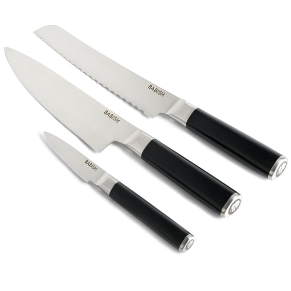 Gibson Home Babish High-Carbon 1.4116 German Steel 3-Piece Cutlery Set (Chef Knife Bread Knife & Pairing Knife) W/Knife Roll