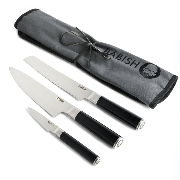 gibson home Babish High-Carbon 1.4116 German Steel 3-Piece Cutlery Set (Chef Knife Bread Knife & Pairing Knife) w/Knife Roll