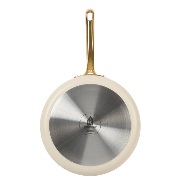 Gibson Home Bloomhouse 10 Inch Heavy Duty Aluminum Premium PFA Free Ceramic Nonstick Saute/Deep Frying Pan Skillet With Lid - Linen White With Gold Handle
