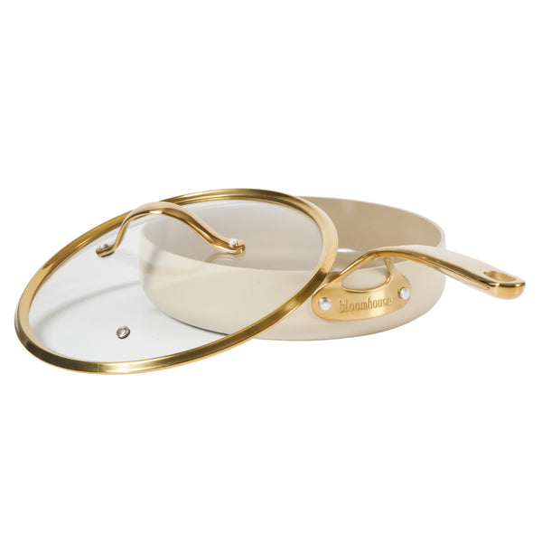 Gibson Home Bloomhouse 10 Inch Heavy Duty Aluminum Premium PFA Free Ceramic Nonstick Saute/Deep Frying Pan Skillet With Lid - Linen White With Gold Handle