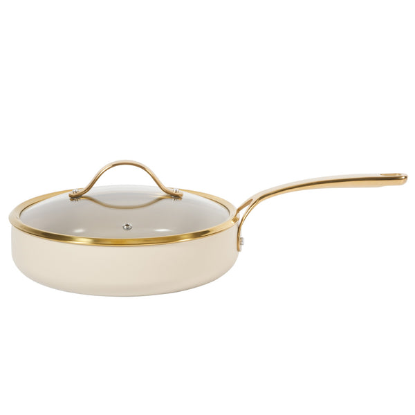 gibson home Bloomhouse 10 Inch Heavy Duty Aluminum Premium PFA Free Ceramic Nonstick Saute/Deep Frying Pan Skillet with Lid - Linen White with Gold Handle