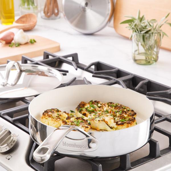 Gibson Home Bloomhouse 10 Inch Triply Stainless Steel Fry Pan W/ Lid W/ Non-Stick Non-Toxic Pro Ceramic Interior Frying Pan