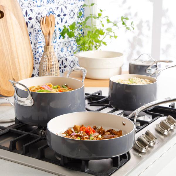 Gibson Home Bloomhouse 12 Piece Aluminum Enamel Cookware Set W/ Non-stick Non-toxic Ceramic Interior And Ceramic Steamer Insert - Stone Grey