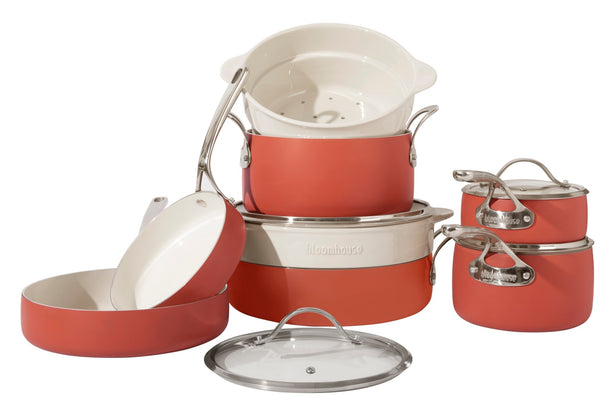 gibson home Bloomhouse 12 Piece Aluminum Enamel Cookware Set w/ Non-stick Non-toxic Ceramic Interior and Ceramic Steamer Insert