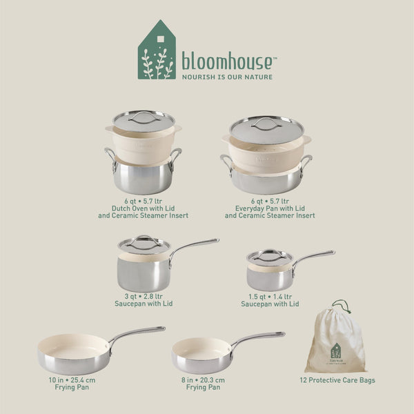Gibson Home Bloomhouse 12 Piece Triply Stainless Steel Cookware Set W/ Non-Stick Non-Toxic Ceramic Interior And Ceramic Steamer Inserts