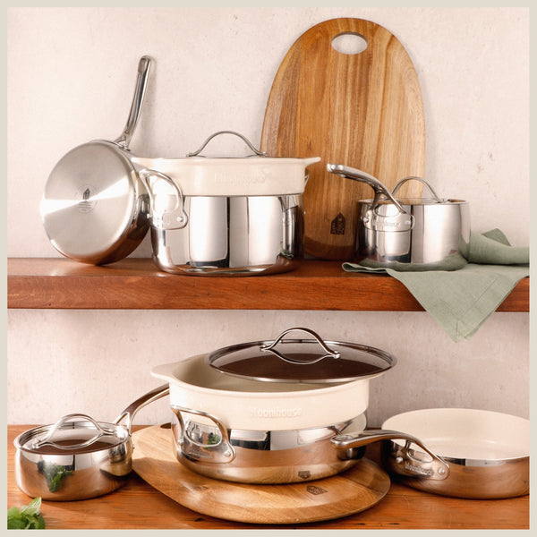 Gibson Home Bloomhouse 12 Piece Triply Stainless Steel Cookware Set W/ Non-Stick Non-Toxic Ceramic Interior And Ceramic Steamer Inserts