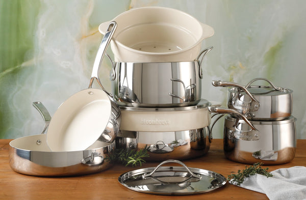 Gibson Home Bloomhouse 12 Piece Triply Stainless Steel Cookware Set W/ Non-Stick Non-Toxic Ceramic Interior And Ceramic Steamer Inserts