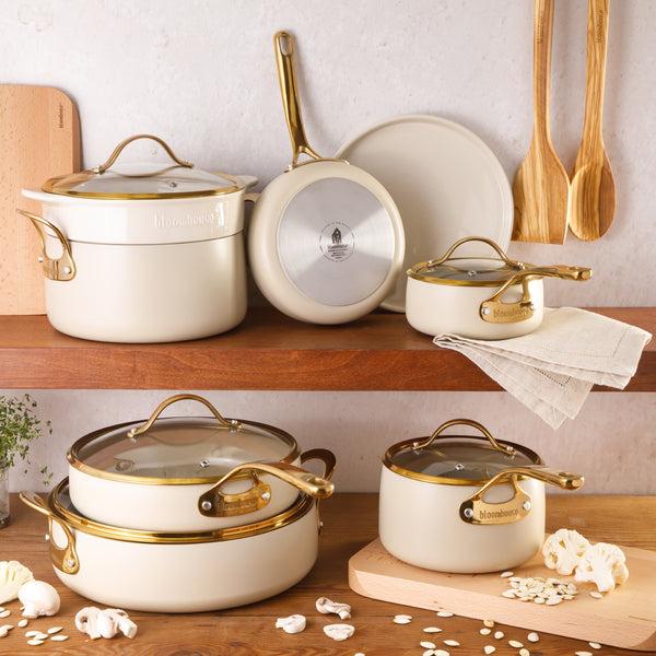 Gibson Home Bloomhouse 15 Piece Pots And Pans Heavy Duty Aluminum Premium PFA Free Ceramic Nonstick Dutch Oven Pot With Lid - Linen White With Gold Handle