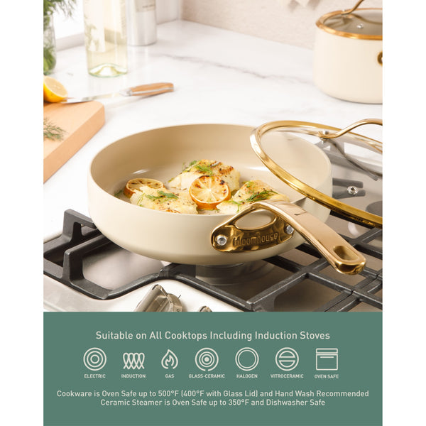 Gibson Home Bloomhouse 15 Piece Pots And Pans Heavy Duty Aluminum Premium PFA Free Ceramic Nonstick Dutch Oven Pot With Lid - Linen White With Gold Handle