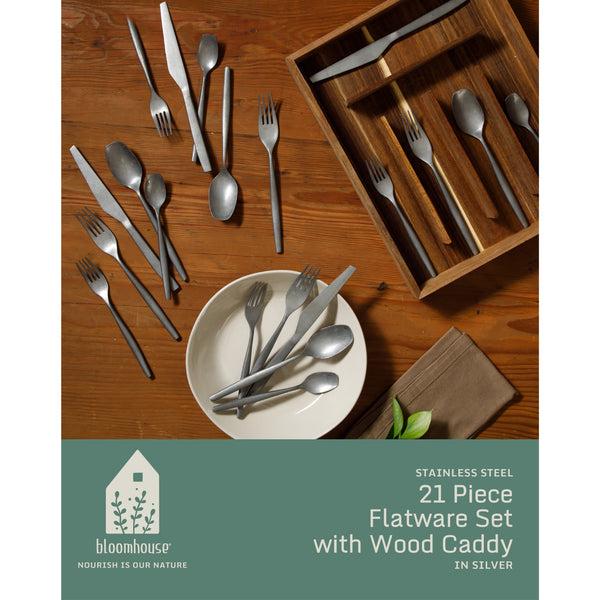 Gibson Home Bloomhouse 20 Piece Stone Washed Flatware 18/10 Stainless Steel Silverware Cutlery Utensil Set With Acacia Wood Caddy - Service For 4