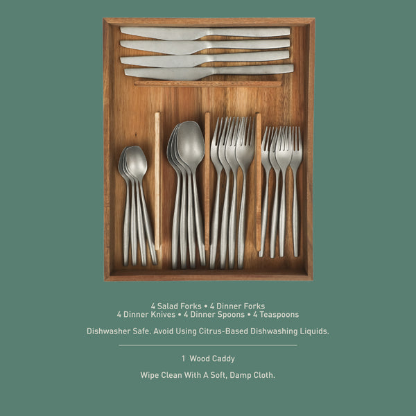 Gibson Home Bloomhouse 20 Piece Stone Washed Flatware 18/10 Stainless Steel Silverware Cutlery Utensil Set With Acacia Wood Caddy - Service For 4