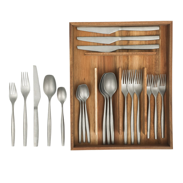 gibson home Bloomhouse 20 Piece Stone Washed Flatware 18/10 Stainless Steel Silverware Cutlery Utensil Set With Acacia Wood Caddy - Service for 4