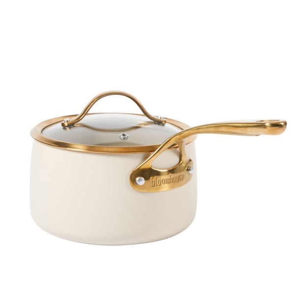 Gibson Home Bloomhouse 3 Quart Heavy Duty Aluminum Premium PFA Free Ceramic Nonstick Saucepan With Lid - Linen White With Gold Handle