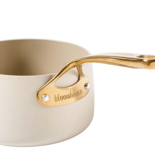 Gibson Home Bloomhouse 3 Quart Heavy Duty Aluminum Premium PFA Free Ceramic Nonstick Saucepan With Lid - Linen White With Gold Handle