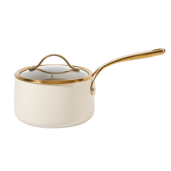 gibson home Bloomhouse 3 Quart Heavy Duty Aluminum Premium PFA Free Ceramic Nonstick Saucepan with Lid - Linen White with Gold Handle