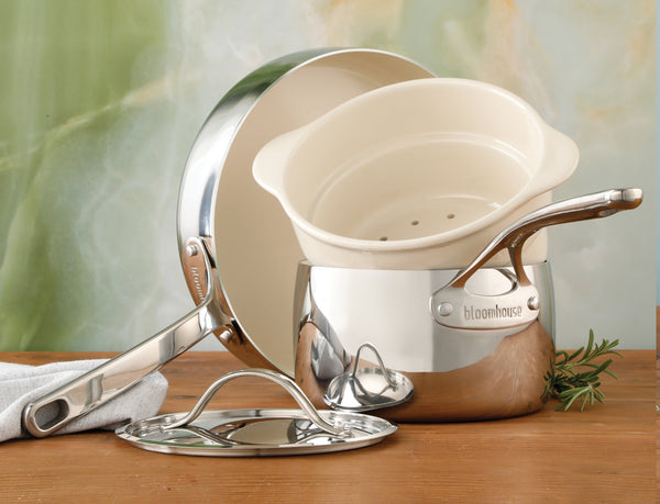 Gibson Home Bloomhouse 4-Piece Triply Stainless Steel Cookware Set W/ Non-Stick Non-Toxic Ceramic Interior And Ceramic Steamer Insert
