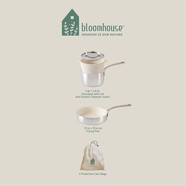 Gibson Home Bloomhouse 4-Piece Triply Stainless Steel Cookware Set W/ Non-Stick Non-Toxic Ceramic Interior And Ceramic Steamer Insert